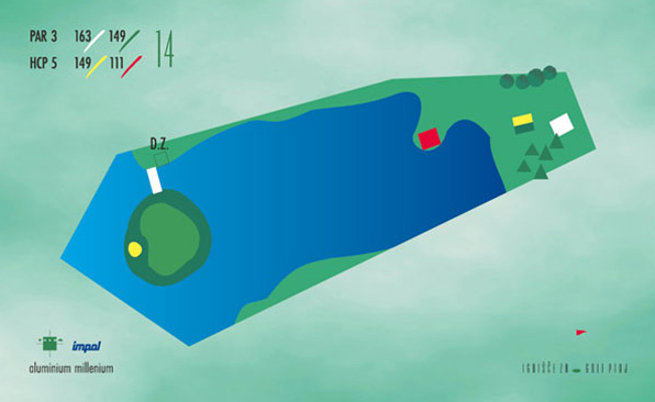 Shema igre luknje 14: par 3, 163 m, HCP 7
